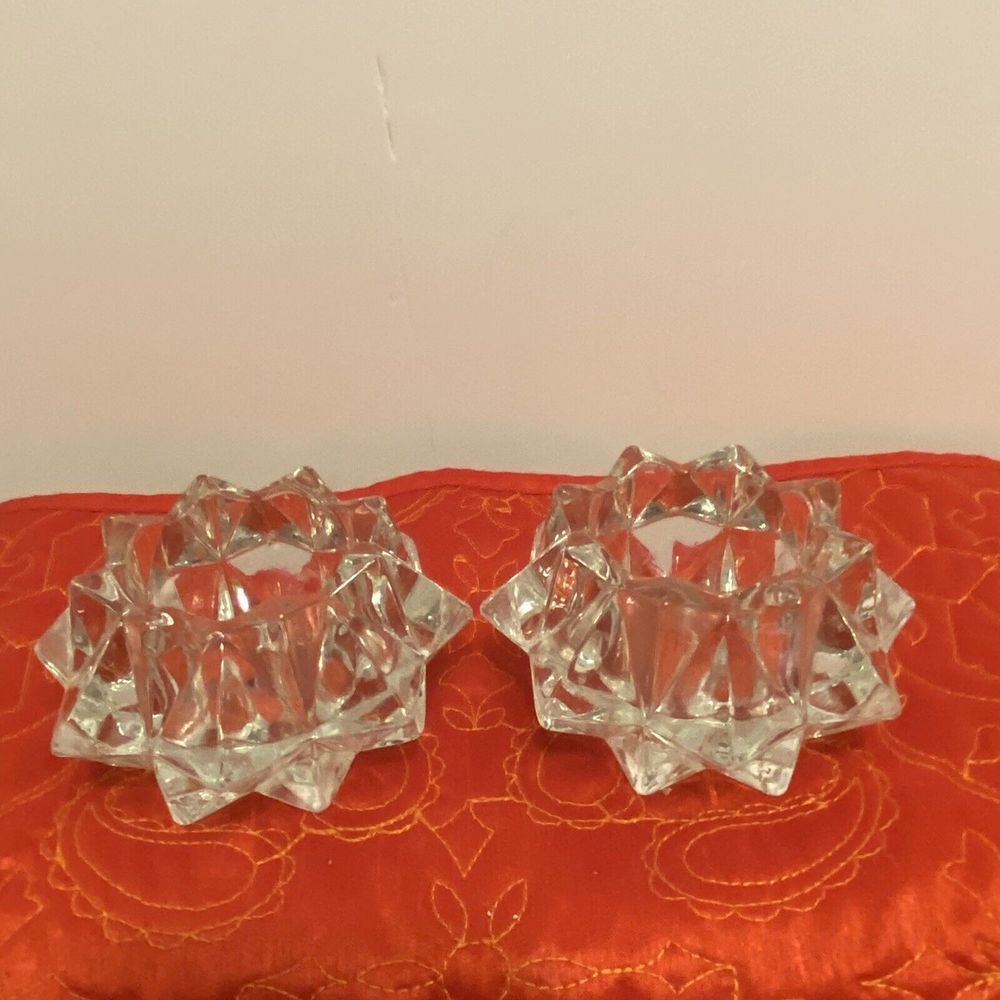 Glamorous Pair Lead Crystal Starburst Votive‎ Candle Holders Glass Clear Modern